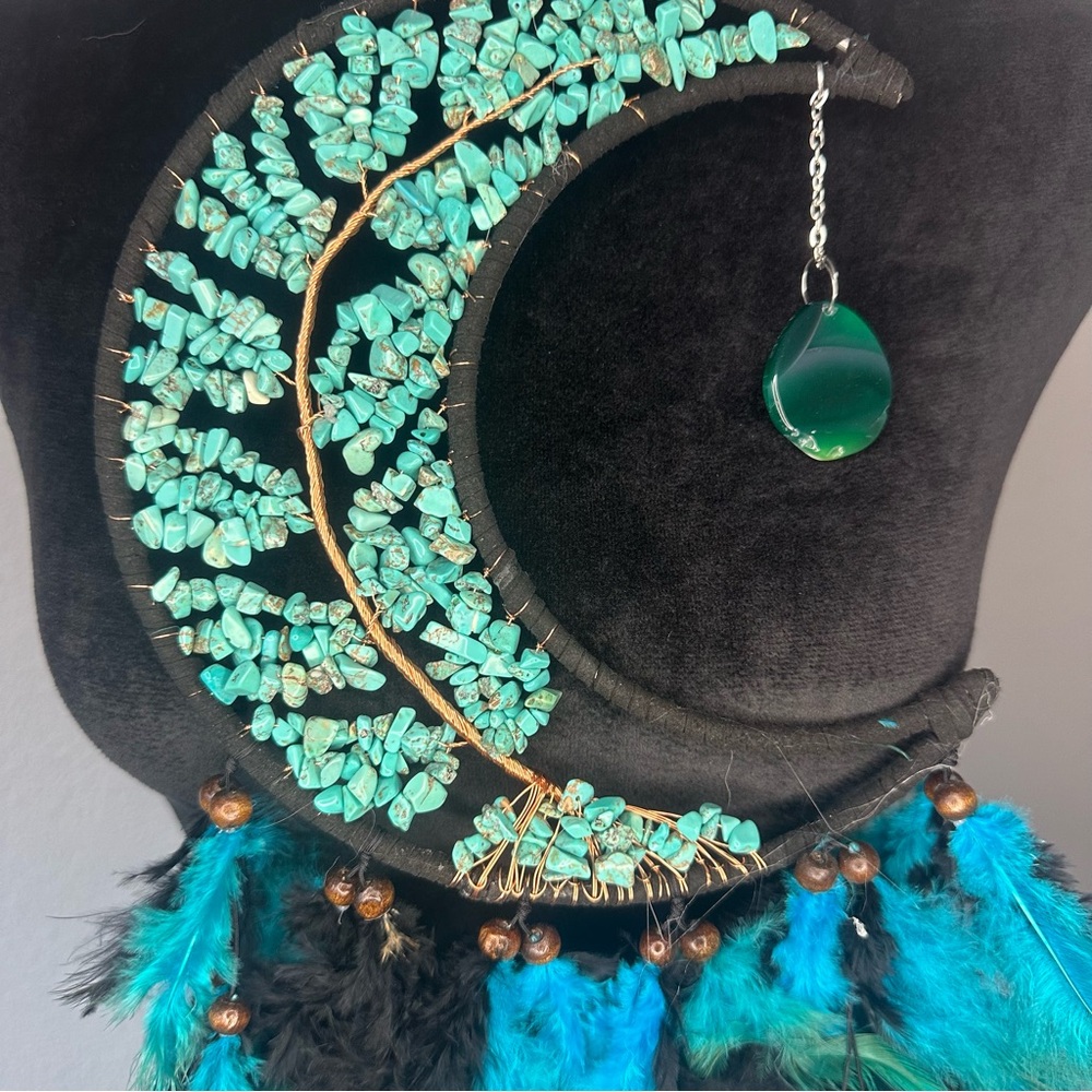 Turquoise and Black Feather Dreamcatcher - Picture 2 of 6